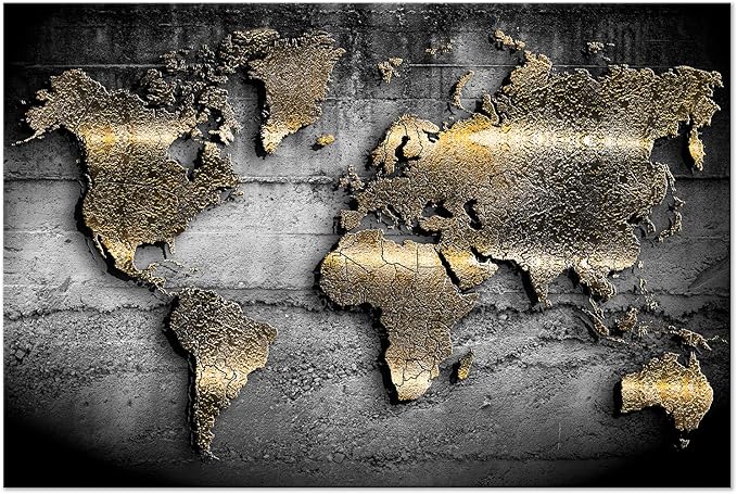artgeist Textured Canvas Wall Art World map 35x24 in - 1pcs Painting Canvas Prints Picture Artwork Image Framed Contemporary Modern Photo Wall Home map Continents Black k-A-0498-b-a