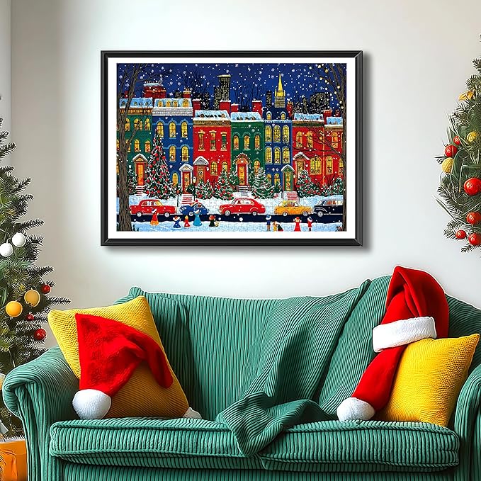 Vintage Winter Christmas City Jigsaw Puzzle 1000 Pieces for Adults with Back Letters - Snowy Nightscape with Santa Claus Trees Cars Family Challenge Gift Game Night Size (27.6x19.7) Inch