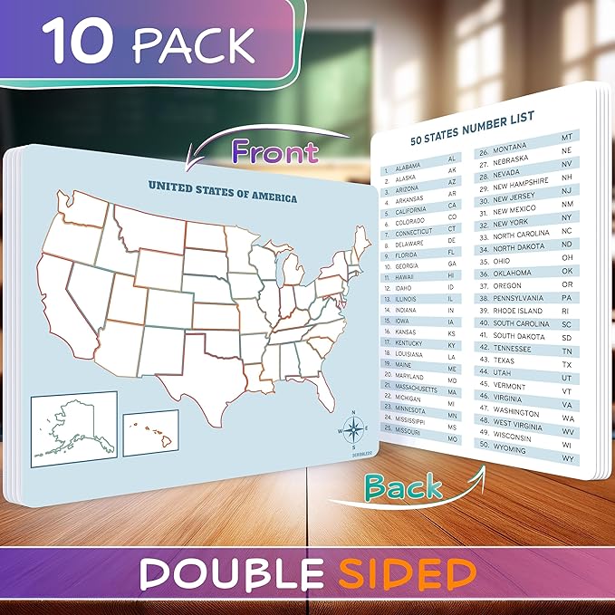 SCRIBBLEDO US Map Practice Sheets 11'x14' Dry Erase Sheets for Homeschool, Classroom Pack of 10