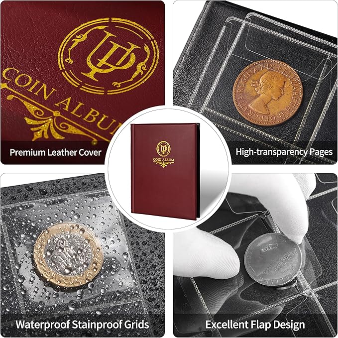 200 Pockets Coin Album - Coin Collecting Book with 10 Pages, 33x33 mm Grid Holder for Pounds Pence Cents Dollars Nickel (Red) CS48200RE