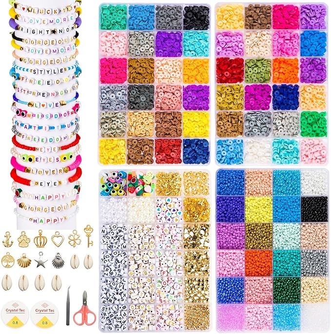 Goldwise Friendship Bracelet Kit 4 Boxes-13078 Pcs 72 Colors Bracelet Making Kits with Clay, Glass Seed and 3 Styles Letter Beads with Charms for DIY Craft Gift