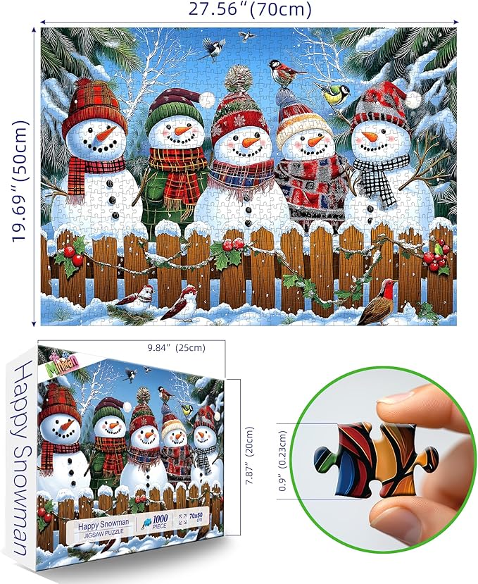Winter Snowmen Christmas Jigsaw Puzzle 1000 Pieces for Adults Festive Holiday Scene with Birds & Snowy Fence Puzzle with Letters on Back Family Challenge Perfect for Game Night (27.6x19.7 Inch
