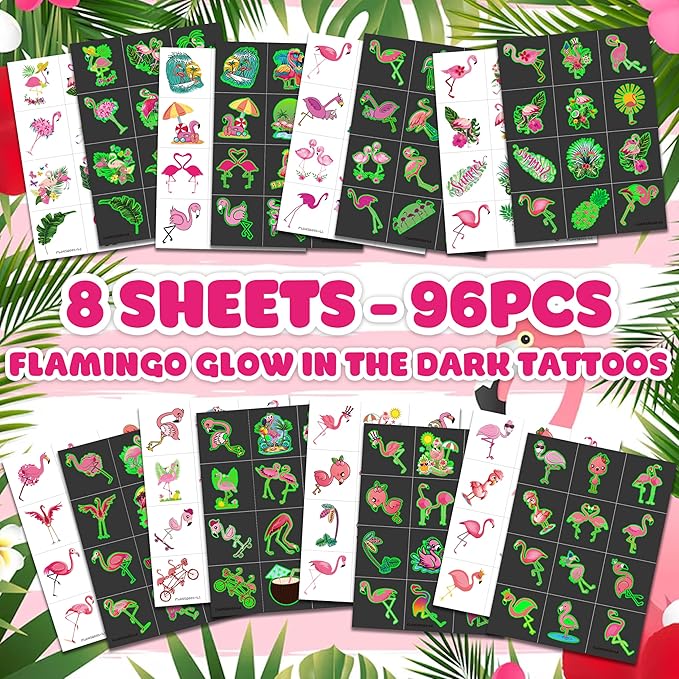 96 PCS Funny-Flamingo Glow In The Dark Pre-Cut Temporary Sticker Summer Tropical Hawaiian Luau Birthday Supplies Gifts Girls Boys Baby Showers Prizes Cute School Reward Themed (Luminous)