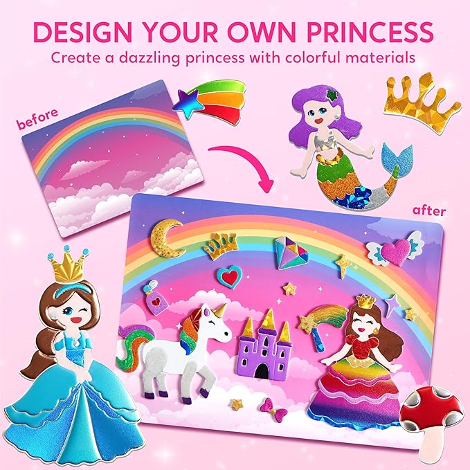 Klever Kits Princess Foil Art Kit for Kids - Arts & Crafts Supplies, Mess Free Coloring, Foil Foam Stickers, Creative Travel Toys, Birthday Gifts for Boys & Girls Ages 4 and Up