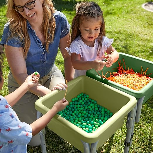 ECR4Kids 2-Station Sand and Water Adjustable Play Table, Sensory Bins, Fern Green/Hunter Green