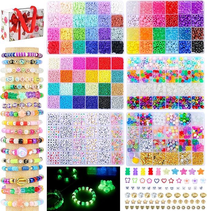 SJZWSD Friendship Bracelet Making Kit– 6 Boxes of Pony, Seed, Clay & Letter Beads, UV Glow in The Dark Beads, Tools & Charms – Jewelry Craft Kit for Kids & Adults