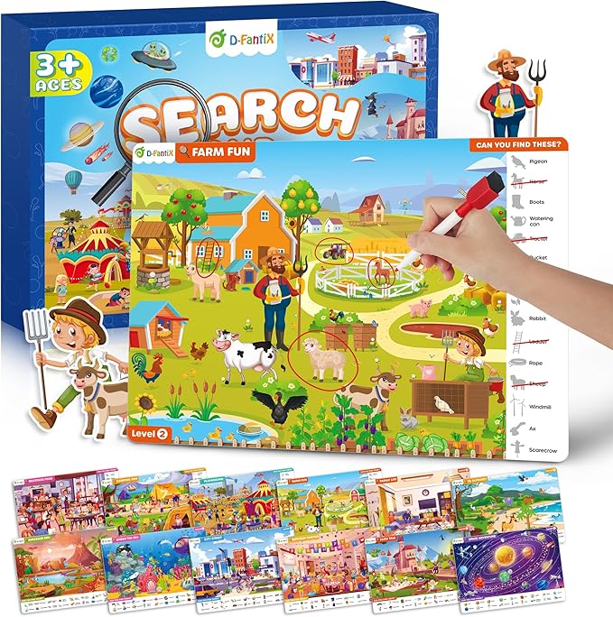 Preschool Learning Activity - Search and Find Book, Reusable Learning & Education Toys, Travel Game for Road Trip Car Airplane, 24 Activity with 4 Dry Erase Markers, Birthday Gifts for Kid Ages 3-6