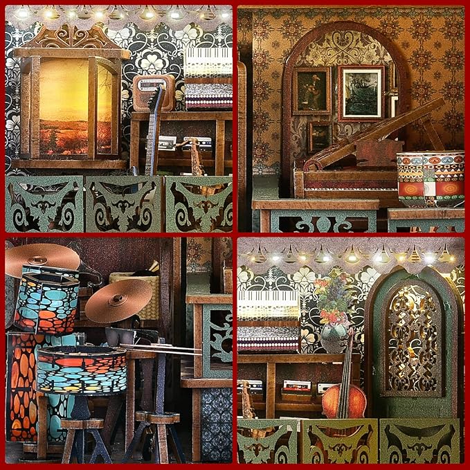 DIY Book Nook Kit, Miniature Bookshelf Decor with LED Lights, Laser-Cut Wooden Craft Set for Adults, Creative Gift for Christmas, Birthday, Music House