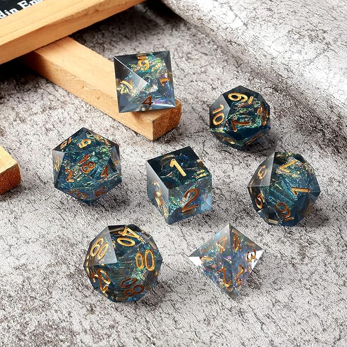 Dungeons and Dragons Dice Set,DNDND Handmade Sharp Edge 7 Die with Gift Dice Case for DND Dungeons and Dragon Game (Dark Cyan with Gold Number)