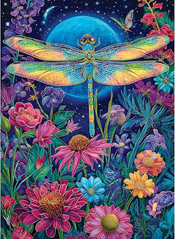 500 Piece Jigsaw Puzzles for Adults, Moonlit Dragonfly in Flower Garden Puzzles for Adults, Fun and Challenging Puzzle for Family Time, Relaxing Gift for Adults, Kids, Seniors, 20.5 x 15 in