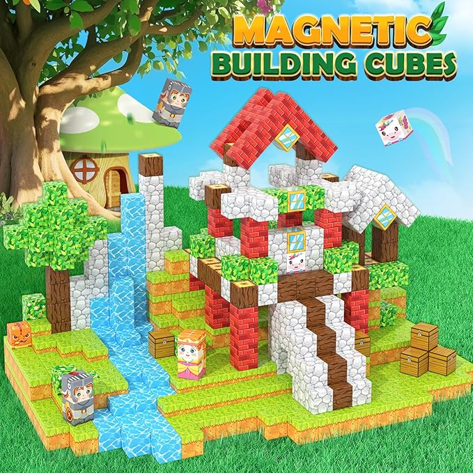 Magnetic Blocks - Build Mine Magnet World Set for Kids Age 3-5 6-8, STEM Sensory Toys for Toddlers, Gifts for 3+ Years Old Girls & Boys, 1" Magnet Cubes, Classroom Must Haves, and Sensory Outdoor Toys