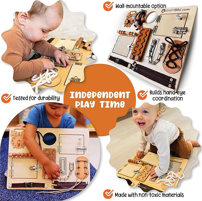Large Montessori Busy Board - 10-in-1 Sensory Activity Toy for Toddlers with Locks, Shoelaces & More - Education Travel Toy for Boys & Girls Ages 3+