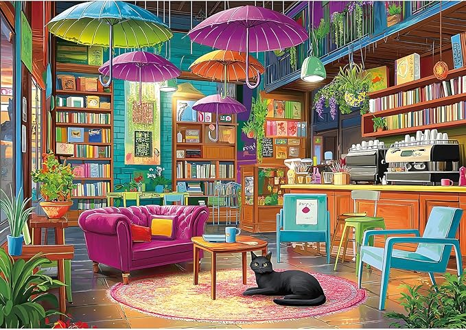 1000 Piece Jigsaw Puzzle for Adults Colorful Cozy Book Cafe Library Scene with Black Cat Puzzles with Letters on Back Fun for Seniors & Game Night Adult Games (27.5" x 19.7")