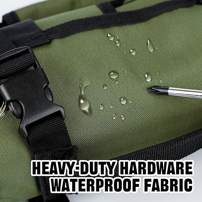 Portable Foldable Roll-Up Waterproof Tool Bag Organizer with 5 Compartments & 2 Detachable Pouches, Heavy-Duty Tool Pouch Bag, Dad Men Electrician Mechanic Gifts (Army green)