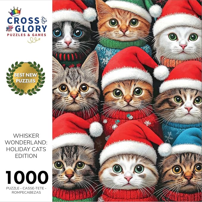 Cross & Glory - Whisker Wonderland: Holiday Cats Edition - 1000 Piece Jigsaw Puzzle for Adults | Festive Cat Puzzle | Christmas Jigsaw Puzzle with Vibrant Artwork