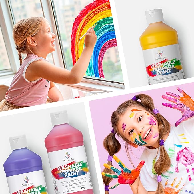 Positive Art Washable Paint for Kids – (8 Colors, 16 oz Each) Made in USA, Non-Toxic Tempera Paint Set – Bulk Classroom Paints for Students, Finger Painting, School Use – 8 Pack