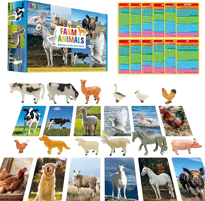 SpriteGru 12 PCS Farm Animal Figurines with 12 Introducing Flashcards, Realistic Farm Animals Playset Montessori Toys Science Educational Matching Game for Homeschool Preschool Toddler Kids