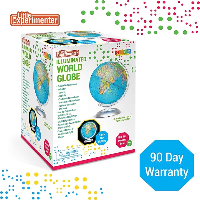Little Experimenter 8” Illuminated Globes for Kids - Light Up World Globe With Stand, Best Gift Ideas for Children, Educational STEM Toys for All Ages, Gifts for Boys And Girls Ages 8-12+ Years Old