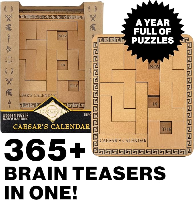 Project Genius Caesar's Calendar Wood Puzzle-A-Day Challenge, 365+ Solutions, Brainteaser Gift for Adults and Kids 8+, True Genius Office Desk Calendar Inspired by Roman Artifact