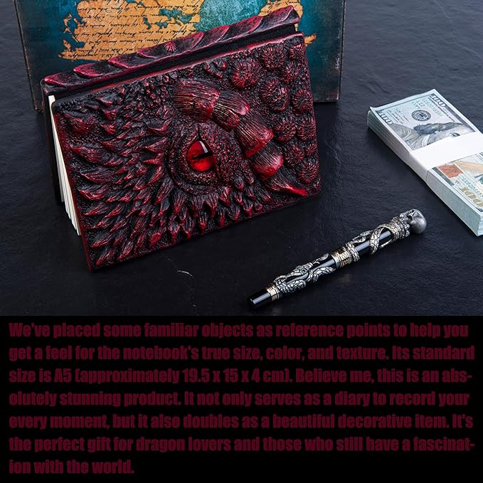 3D Dragon Eye Embossed Journal,Resin Engraving Notebook,Dnd notebook for Dragon Lovers ，Blank Paper,Hardcover Travel Notepad for Writing,Sketchbook,Collection,Gift,Decoration A4 and A5 Size (A5-Red-Lined-Brooch)