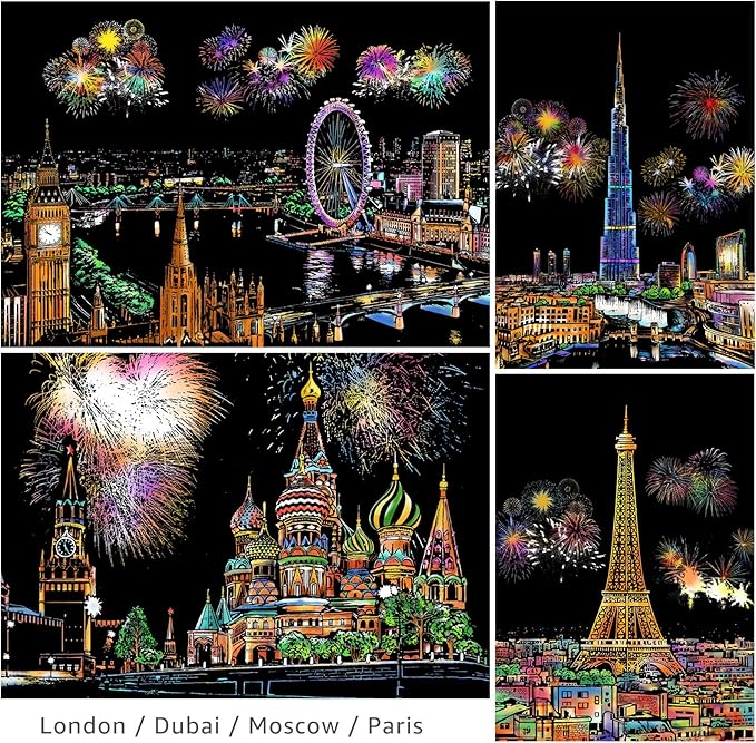 Scratch Art for Adults Kids, Rainbow Painting Night View Scratchboard(A4), Crafts Set: 8 Sheets Scratch Cards with 6 tools in Bag - Fireworks, Big Ben, Cristo Redentor, Ferris Wheel(Landmark Building)