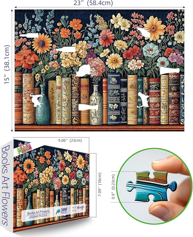 Vintage Books & Flowers 500-Piece Jigsaw Puzzle for Adults - Floral Library Scene Puzzle with Colorful Blooms, Decorative Book Spines - Challenging Yet Relaxing Puzzle, 23"x15"