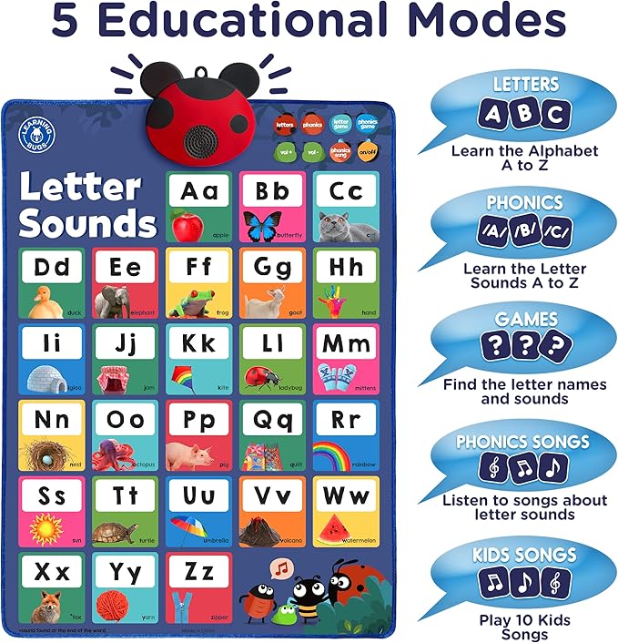 LEARNING BUGS Press to Learn Phonics, Interactive Letters and Sounds Talking Poster, Preschool & Kindergarten Learn to Read, Ages 3+