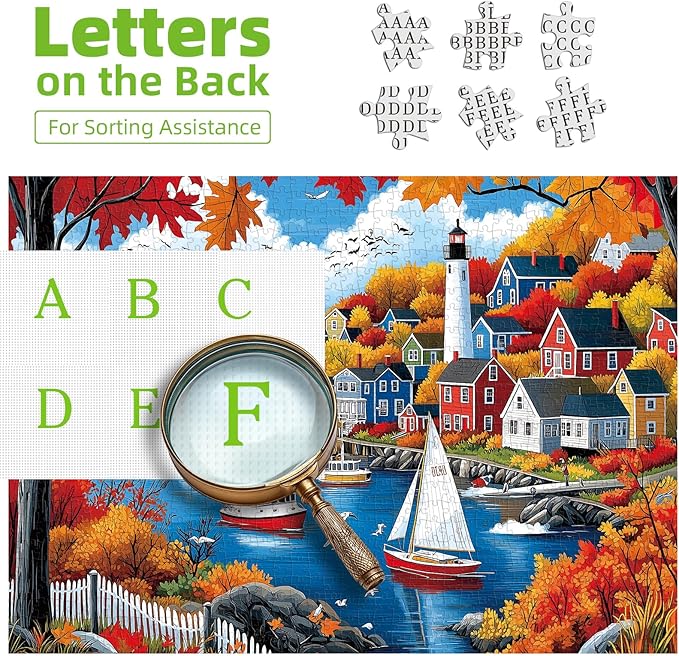 Puzzles for Adults 500 Pieces Autumn Town Jigsaw Puzzles for Adults Beautiful Fall Seaside Landscape Puzzles 500 Pieces Challenging Family Puzzle for Women Men Seniors Size is (21"x15")