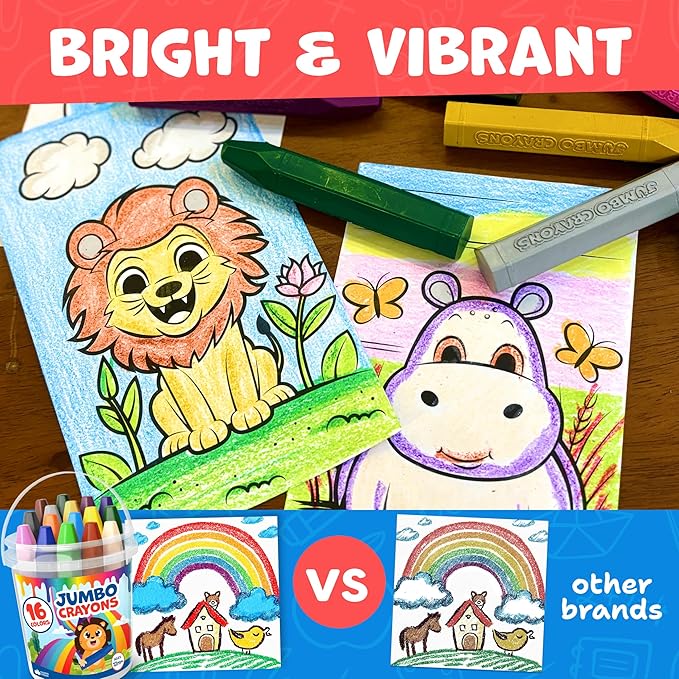 Jumbo Crayons For Toddlers 1-3 - 16pc Toddler Baby Crayons For Kids Ages 4-8 1-3 2-4 - Printed & PDF Coloring Sheets Non Toxic Washable Classroom Must Haves, Christmas Stocking Stuffers For Toddlers