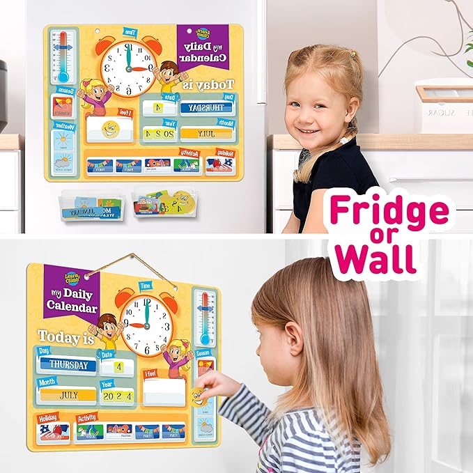 Learn & Climb Kids Daily Calendar Magnetic, Hang on Wall or Fridge for Home or School. (Yellow)