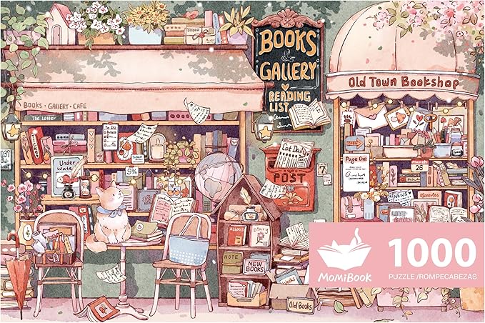 MOMIBOOK Puzzles for Adults 1000 Pieces Jigsaw Puzzles of Flowers in Pages, Painting Image Bookstore Bookshop Difficult Challenging Hard Impossible Puzzle Unique Funny Party Christmas Birthday Gifts