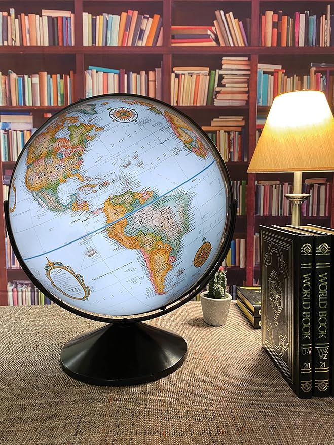 Replogle Eureka 16 inch desktop globe with up to date antique raised relief map and full swing gyromatic assembly. The beautiful blue ocean globe ball has vast amounts of up-to-date information will peak the interest of any geographical connoisseur of ...