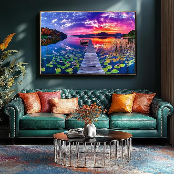 Sunset Lake Dock 1000 Piece Jigsaw Puzzle for Adults Beautiful Wooden Bridge Landscape with Mountains Natural Scenery Vibrant Sky Lily Pads Challenging uzzle for Game Night & Home Decor (27" x 20")