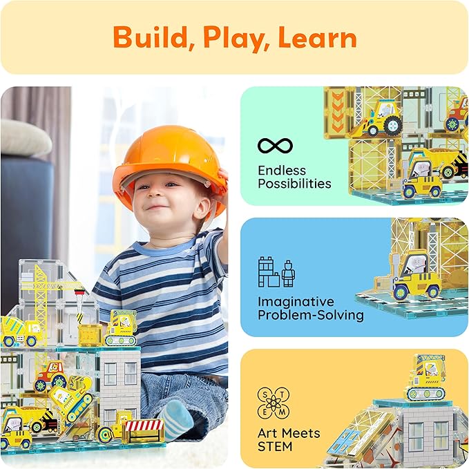 PicassoTiles Magnet Tiles Magnetic Building Blocks with 8 Construction Vehicles Crank Truck Excavator Bulldozer Road Roller Concrete Mixer Tractor Dump Truck Forklift Toys Learning Kids Ages 3+ PTQ11