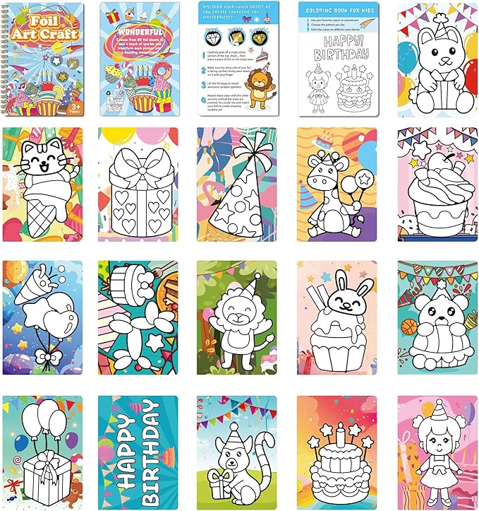 Fun & Mess-Free Foil Art Kit for Kids – 80 Foil Sheets & 32 Art Cards, No Glue Needed, Creative Craft Gift for Christmas Halloween Holiday Birthday（Birthday Version）