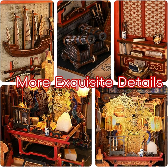 Book Nook Kit, DIY Miniature Dollhouse Booknook Kit, 3D Wooden Puzzle Bookend Bookshelf Insert Decor with LED Light for Teens and Adults (The Emperor's Study)