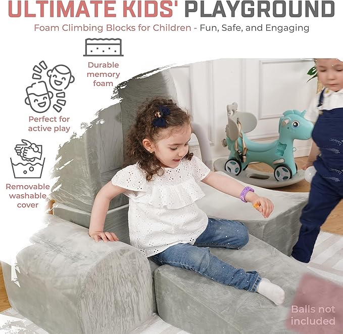 Foam Climbing Blocks for Toddlers – Indoor Soft Play Set for Babies - Velvet Cover & High-Density Memory Foam – Baby Climbing Blocks for Motor Skills - Climb and Crawl Activity Play Set for Kids -Gray