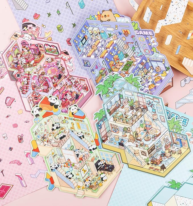DIY 3D House Stickers, 4 Sets Fun DIY Stickers Scene Make Your Own Mini House Cute Cartoon Animal Scene Stickers for Kids Adult Sticker Art Relief Stress Pass The Time-Large Size