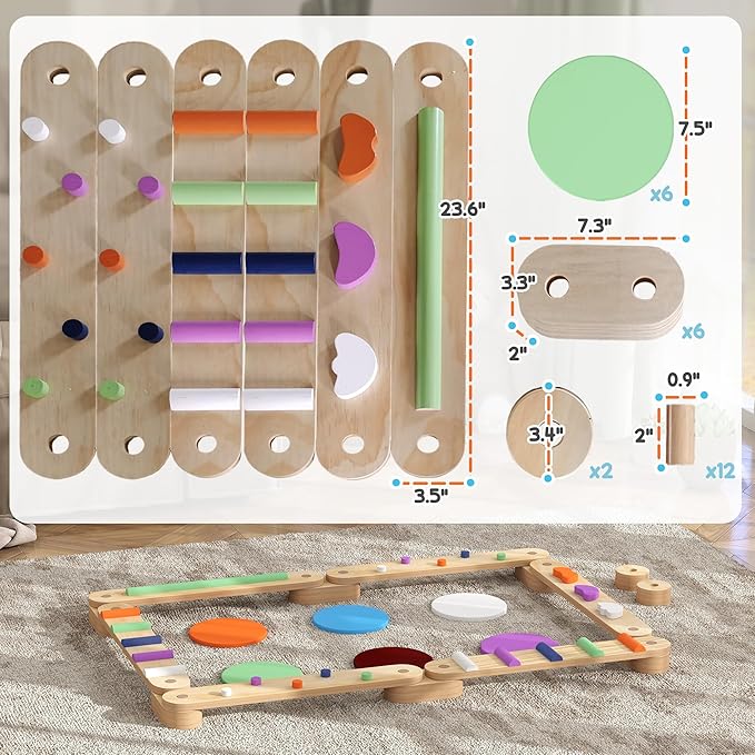 Qaba Kids Balance Beam, Wooden Balance Board with Stepping Stones, Gymnastics Obstacle Course for Toddlers 3-8 Years for Motor Skills Coordination, Indoor Outdoor Use