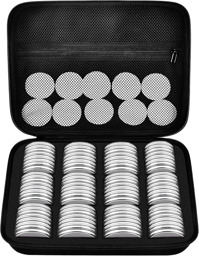 PAIYULE 96 Pieces 46mm Coin Capsules, with Foam Gasket and Plastic Storage Organizer Box, 6 Sizes (20/25/27/30/38/46mm) Coins Collector Case Holder for Coin Collection Supplies (White)