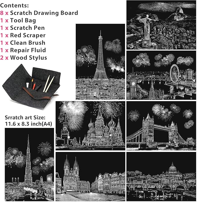 Scratch Art for Adults Kids, Rainbow Painting Night View Scratchboard(A4), Crafts Set: 8 Sheets Scratch Cards with 6 tools in Bag - Fireworks, Big Ben, Cristo Redentor, Ferris Wheel(Landmark Building)