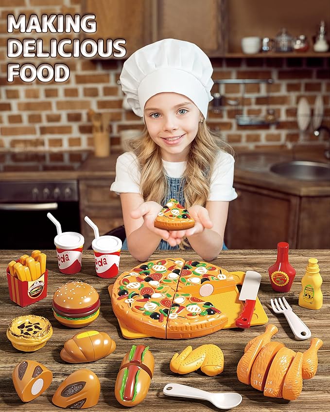 Pretend Play Food for Kids, Cutting Toy Food Set with Picnic Basket, Play Kitchen Accessories, Food Toys with Veggies, Fruits, Pizza Toy for Boys Girls Gift