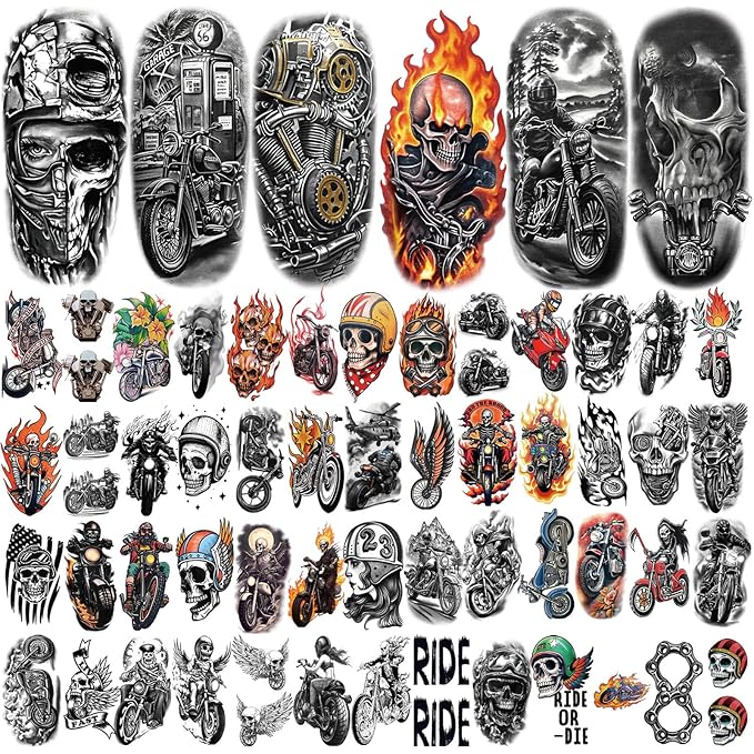 77 Sheets Temporary Tattoos, 17 Sheets Half Arm Motorcycle Skull Flame Flower Mechanical Fake Tattoos for Adults Shoulder Neck, 60 Sheets Tiny Temporary Tattoos Realistic for Men Women Boy Girl