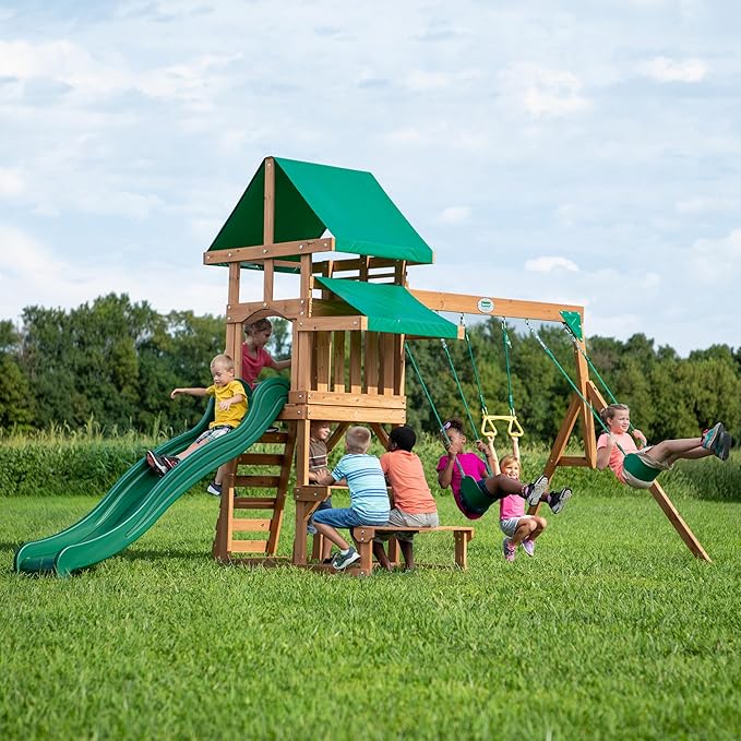Backyard Discovery Belmont Cedar Wood Swing Set with Wave Slide, Play Deck, Rock Wall Ladder, Snack Bar Window, Shaded Picnic Area, Bench, Belt Swings, Trapeze, Sandbox Area, Canopy, Outdoor Playset