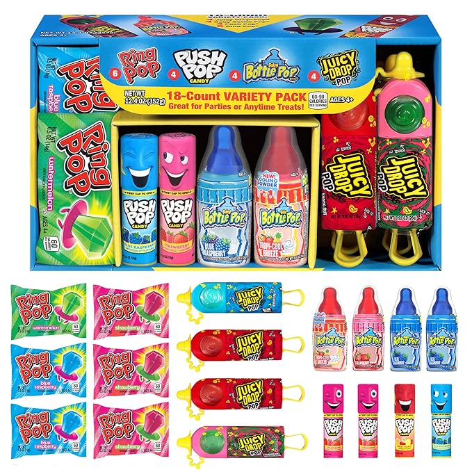 Halloween Candy Variety Pack, 18Ct Assorted Lollipops, Bulk Individually Wrapped Ring Pop, Push Pop, Baby Bottle Pop & Juicy Drop, Birthday Party Favors, Trick or Treat, Halloween Bowls, Kids Gifts