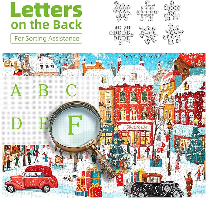 Vintage Christmas Town Jigsaw Puzzles for Adults 500 Pieces Winter Holiday Scene with Classic Cars, Festive Shoppers, Decorated Tree & Snowy Streets - Family Challenge Puzzle （23"x15"