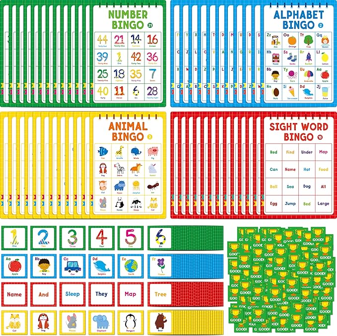 Family Bingo Game, Alphabet, Animal, Sight Word & Number Bingo Board Game, Counting and Matching Skills Classic Educational Game for Kindergarten and Preschool Kids, Perfect for Home and Classroom