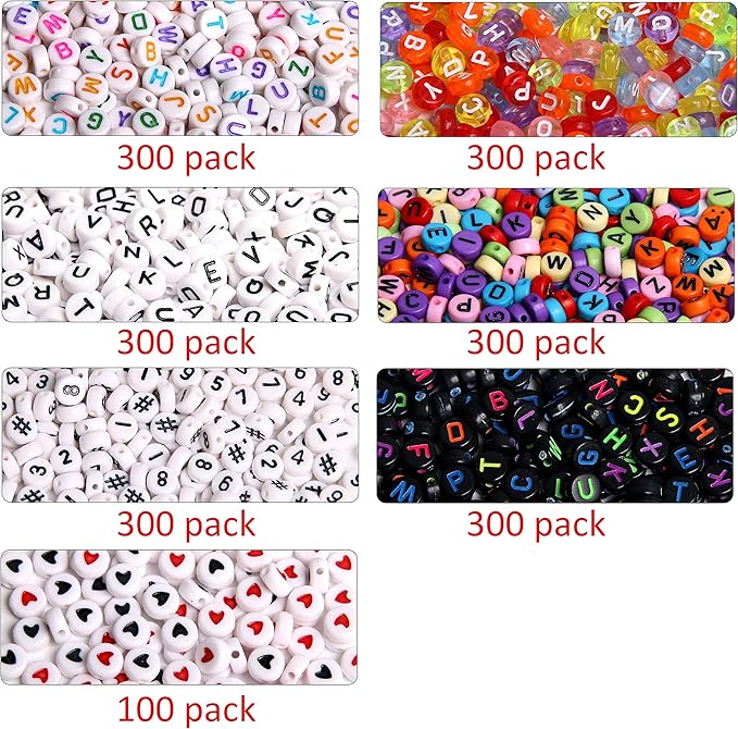 1900pcs 7 Colors Round Letter Beads Acrylic Alphabet Number Beads with 1 Roll Elastic Crystal String Cord for Jewelry Making DIY Necklace Bracelet (7x4mm)