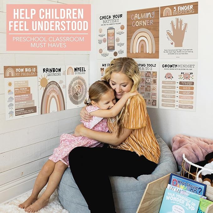 Hadley Designs 9 Calming Corner Posters For Classroom Must Haves For Teachers - 11x14 Calm Down Corner Supplies, Feelings Chart For Kids Ages 4-8, Feelings Wheel Poster, Boho Classroom Decor