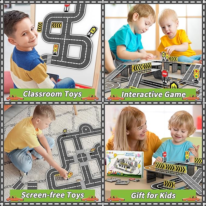 Magnetic Tiles Road Expansion Set, STEM Magnetic Building Blocks for Kids Ages 3-5 4-8 5-7, Preschool Learning Sensory Kids Toys for Toddler Birthday